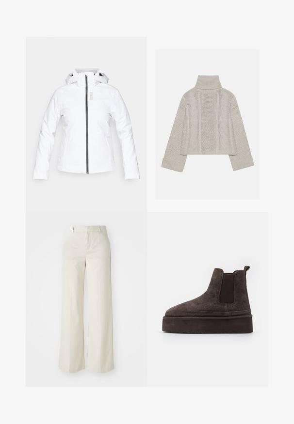 Balta ūdensnecaurlaidīga jaka ar rāvējslēdzēju priekšā, regulējamu kapuci un garām piedurknēm; iekļauj melnu rāvējslēdzēju un zīmola logo sudraba krāsā.; Izgriezts, gaiši pelēks adīts džemperis ar augstu apkakli un ribotiem piedurknēm, ar fakturētām virknēm gar muguru un sāniem.; Platas kājās bikses gaisā bežā krāsā, izgatavotas no gludas auduma. Iezīmē klasisku jostasvietu un plakanu priekšpusi ar tīrām līnijām.; Brūni zamša Chelsea zābaki ar elastīgiem sānu paneļiem un biezas, teksturētas platformas zoli. Iespējams, ir vilkšanas cilpa uz papēža, kas atvieglo uzvilkšanu.