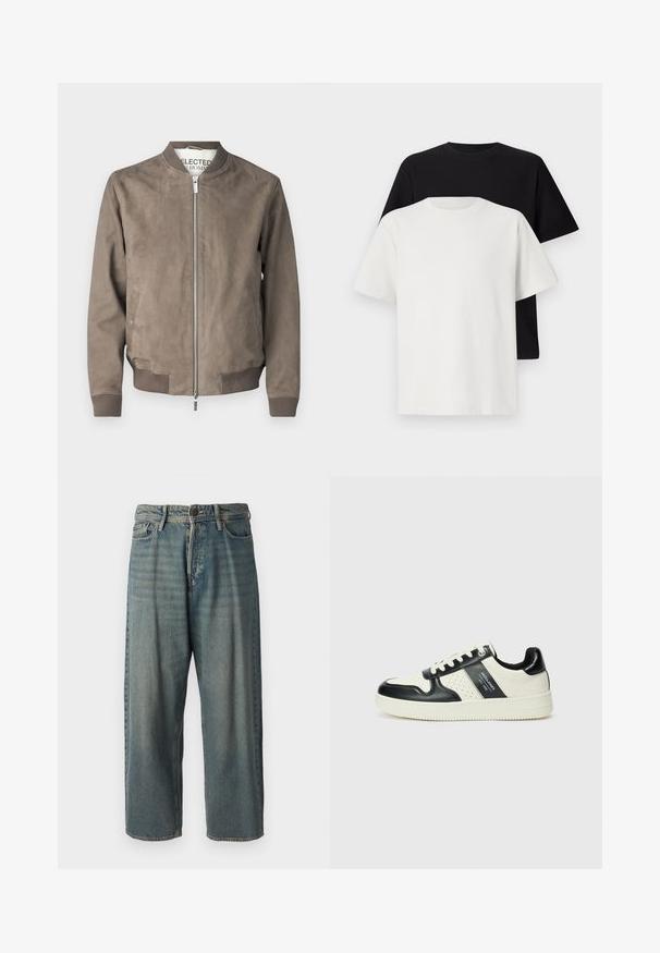 Καφέ σουέτ μπόμπερ τζάκετ με ριμπ ύφανση στις μανσέτες και στο τελείωμα. Κλείσιμο με φερμουάρ μπροστά, πλαϊνές τσέπες και ετικέτα με το όνομα της μάρκας μέσα στο γιακά.; Σετ βαμβακερών μπλούζων με σκούρο μπλουζάκι και λευκό μπλουζάκι, και τα δύο με κοντά μανίκια, στρογγυλή λαιμόκοψη και κανονική εφαρμογή. Υφασμάτινη υφή.; Ανοιχτό μπλε τζιν παντελόνι με χαλαρή γραμμή, μέση μέσου ύψους και ευθείες γραμμές. Περιλαμβάνει πέντε τσέπες, θηλιές ζώνης και κούμπωμα με κουμπί.; Δερμάτινα sneakers με μαύρο και κρεμ χρωματικό σχέδιο, με διάτρητες λεπτομέρειες, επενδεδυμένο κολάρο και υφή στη σόλα.