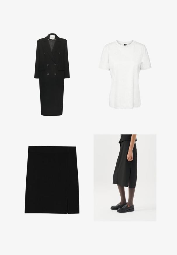 My Essential Wardrobe FRANNIE - Mantel - black; Witte korte mouw t-shirt van katoen met een ronde hals en een relaxte pasvorm. Gladde textuur en geen zichtbare patronen of versieringen.; Zwarte mini rok gemaakt van zachte stof met een aansluitend ontwerp, met een lichte inkeping aan de zijkant voor extra detail.; Zwarte knielange rok met zijsplit, gecombineerd met zwarte loafers en doorzichtige bruine panty's, met een mooie stof en een eenvoudig ontwerp.