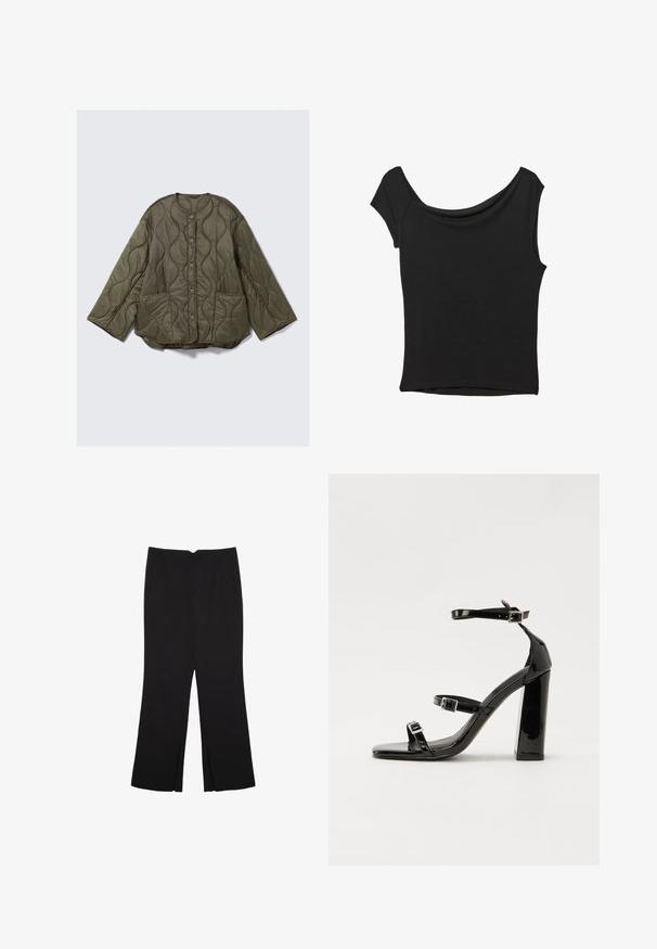 Oliwkowa pikowana kurtka z falistym wzorem szycia, okrągły dekolt, guziki z przodu, długie szerokie rękawy i dwie przednie kieszenie.; Czarna bluzka z krótkim rękawem, wykonana z gładkiego materiału; posiada dekolt w stylu drapowanym oraz asymetryczny dół, z dopasowanym krojem.; Czarne spodnie o prostym kroju, z przednimi kieszeniami i bocznymi rozcięciami na dole. Wykonane z miękkiego, gładkiego materiału. Odpowiednie na różne okazje.; Czarne lakierowane sandały na obcasie z kwadratowym noskiem, z paskami wokół kostki i srebrnymi klamrami. Posiadają masywny słupek dla stabilności.