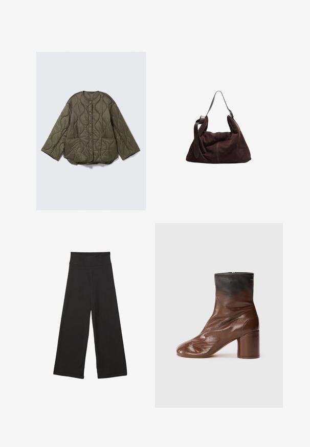 Olivgrüne, gesteppte Jacke mit Wellenmuster, runder Halslinie, vorderer Knopfleiste, langen weiten Ärmeln und zwei Vorderaschen.; Weißes, übergroßes T-Shirt aus weichem Baumwollstoff. Mit kurzen Ärmeln, runder Ausschnitt und einem lässigen Schnitt ohne sichtbare Muster oder Akzente.; Schwarze weit geschnittene Hosen mit einem hohen elastischen Bund, weichem Stoff und lockerer Passform, geeignet für legere Anlässe oder entspannte Umgebungen.; Braune Lederstiefelette mit abgerundeter Spitze, ausgestattet mit einer strukturierten Oberfläche, einem schwarzen oberen Teil und einem klobigen Absatz. Reißverschluss hinten.; Dunkelbraune Wildleder-Hobo-Schultertasche mit breitem, verstellbarem Ledertragegurt und weichem, lässigem Körper vor weißem Hintergrund.