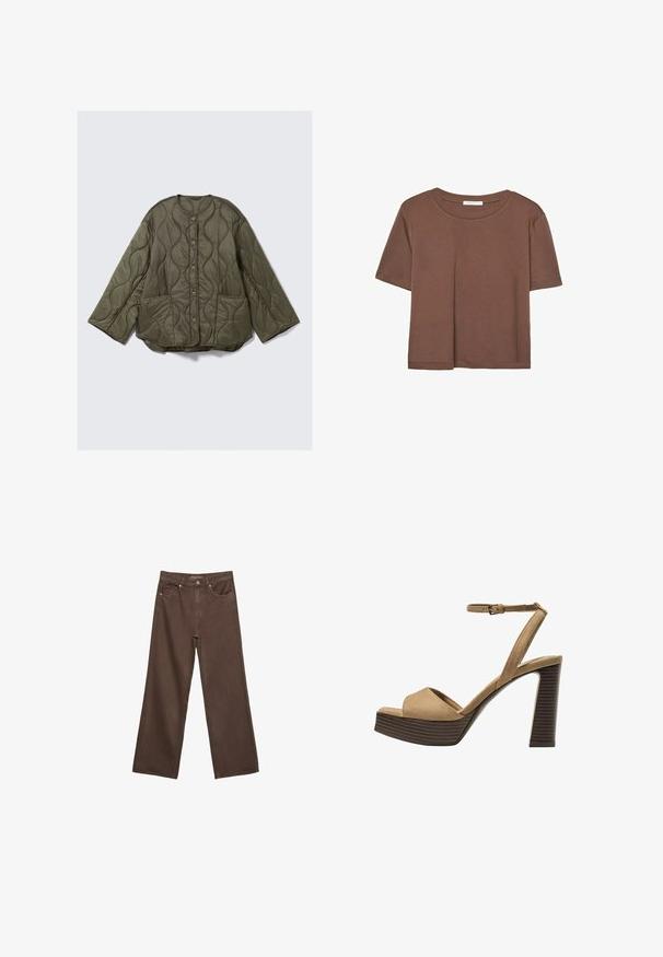 Giacca trapuntata verde oliva con cuciture a motivo ondulato, collo rotondo, bottoni frontali, maniche lunghe e larghe e due tasche anteriori.; Maglietta a maniche corte marrone realizzata in tessuto morbido, con scollatura rotonda e vestibilità rilassata. Nessun motivo o dettaglio visibile.; Jeans a gamba larga marroni in denim, con vita alta, tasche anteriori e chiusura a bottone classica. Tessuto liscio con cuciture sottili.; Sandali con tacco alto in suede beige, con una larga fascetta anteriore e una fascetta alla caviglia, dotati di un tacco blocco in legno spesso con una finitura testurizzata.