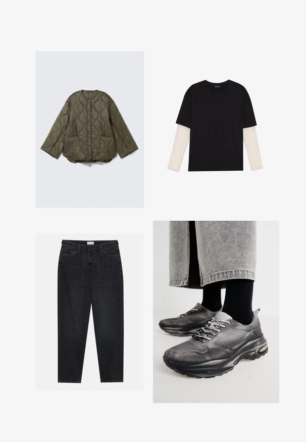Olivengrønn, vattert jakke med bølgemønster-innsøm, rund halslinning, frontknapper, lange vide ermer og to frontlommer.; Svart T-skjorte laget av bomull, med korte ermer over et hvitt langermet lag med en subtil teksturert mønster. Rund hals design.; Svarte denim-bukser med avslappet passform, med snor i livet og fem lommer. Glatt tekstur med minimal falming og kontraststing.; Sorte og grå treningssko har en mesh-overdel, tykke såler og snøring. De har en rund tå og synlige dempe detaljer.