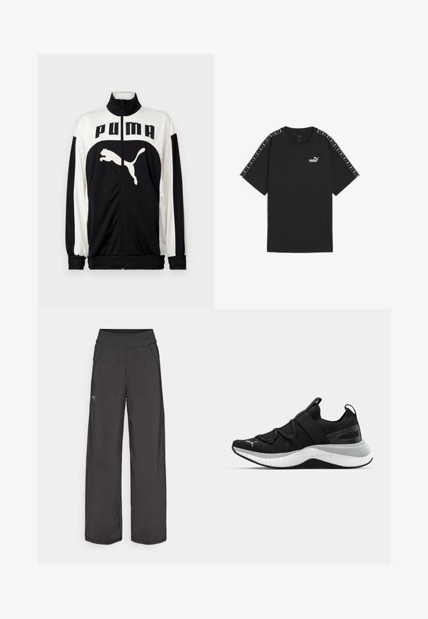 Czarna i biała kurtka rozpinana z wysokim kołnierzem, z logo "PUMA" oraz grafiką skaczącego kota z przodu. Wykonana z gładkiego, lekkiego materiału.; Czarna koszulka z krótkim rękawem, wykonana z bawełny. Zawiera białe logo Puma na piersi oraz wzorzyste akcenty na ramionach. Standardowy krój i okrągły dekolt.; Czarne spodnie sportowe z szerokim pasem, bocznymi kieszeniami i płaskimi szwami. Posiadają małe logo na lewej nogawce. Wykonane z gładkiego, elastycznego materiału.; Czarne sportowe buty z teksturowaną cholewką, elastycznymi paskami i grubą białą podeszwą środkową. Posiadają szary akcent wzdłuż podeszwy.