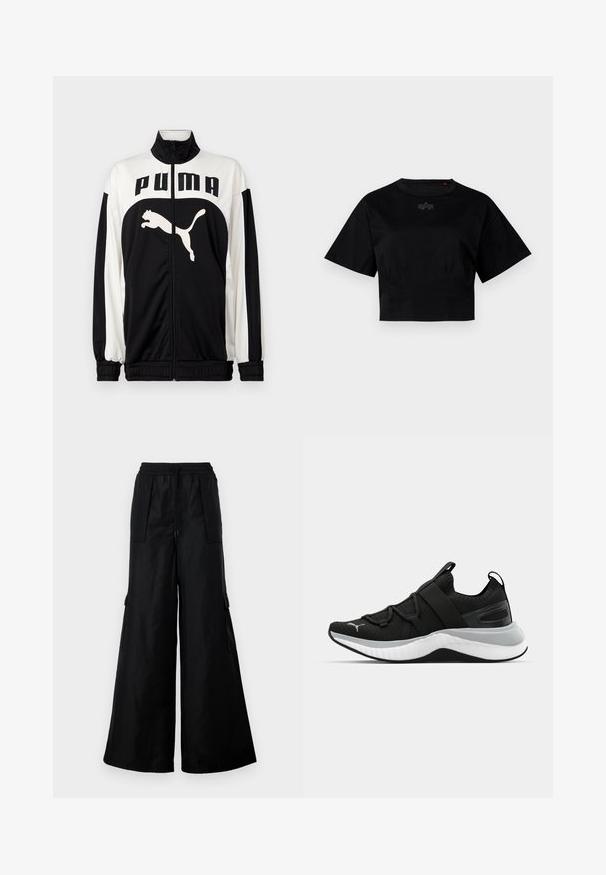 Fekete-fehér zipzáras dzseki magas gallérral, elöl a "PUMA" logóval és egy ugró macska grafikával. Simított, könnyű anyagból készült.; Fekete, rövid fazonú pamut póló. Rövidujjú, kerek nyakkivágása van. Diszkrét logó részlet található a mellkason.; Fekete, széles lábú cargo nadrág sima, könnyű anyagból. Rugalmas derékrésszel, zsinórral és oldalsó zsebekkel rendelkezik.; Fekete sportcipő textúrázott felső résszel, rugalmas pántokkal és vastag fehér középtalppal. Szürke akcentussal rendelkezik a talp mentén.