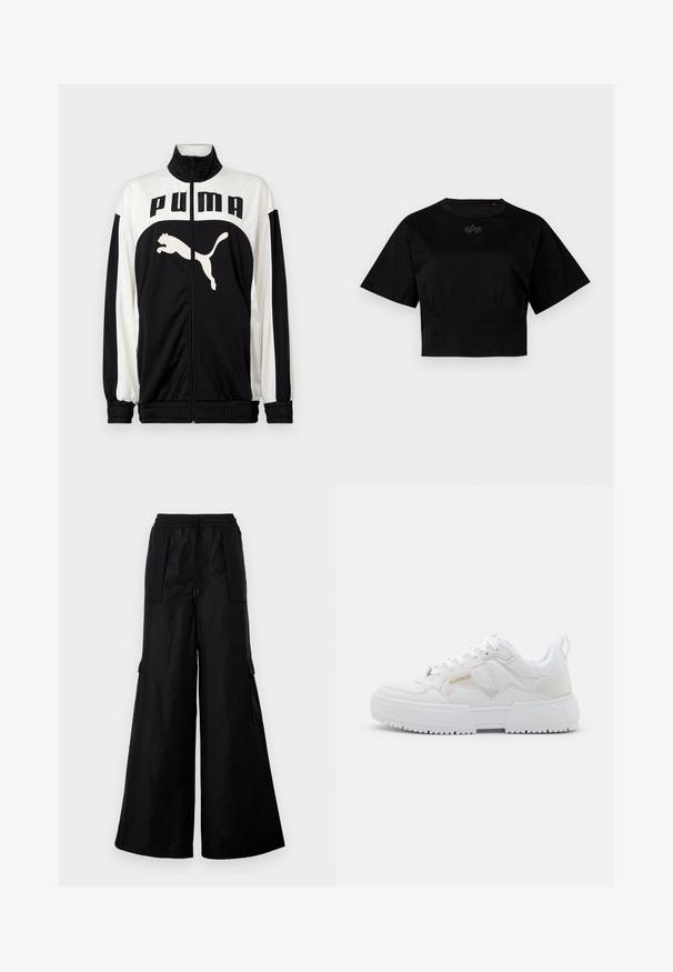 Mustvalge nööpidega jakk kõrge kaelusega, millel on esiküljel "PUMA" logo ja hüppav kassi graafika. Valmistatud siledast ja kergest kangast.; Must must t-särk, mis on valmistatud puuvillast. Omab lühikesi varrukaid ja ümarat kaelaauku. Sisaldab rindkerel peent logo detaili.; Mustad laiad cargo püksid on valmistatud siledast ja kergest kangast. Omavad elastset vööd, reguleeritavat nööri ja küljetaskuid.; Valged tossud suuremahulise disainiga, mis on valmistatud nahk- ja sünteetilisest materjalist, tekstuursete detailidega, paeladega ja silmapaistva kuldse logoga.