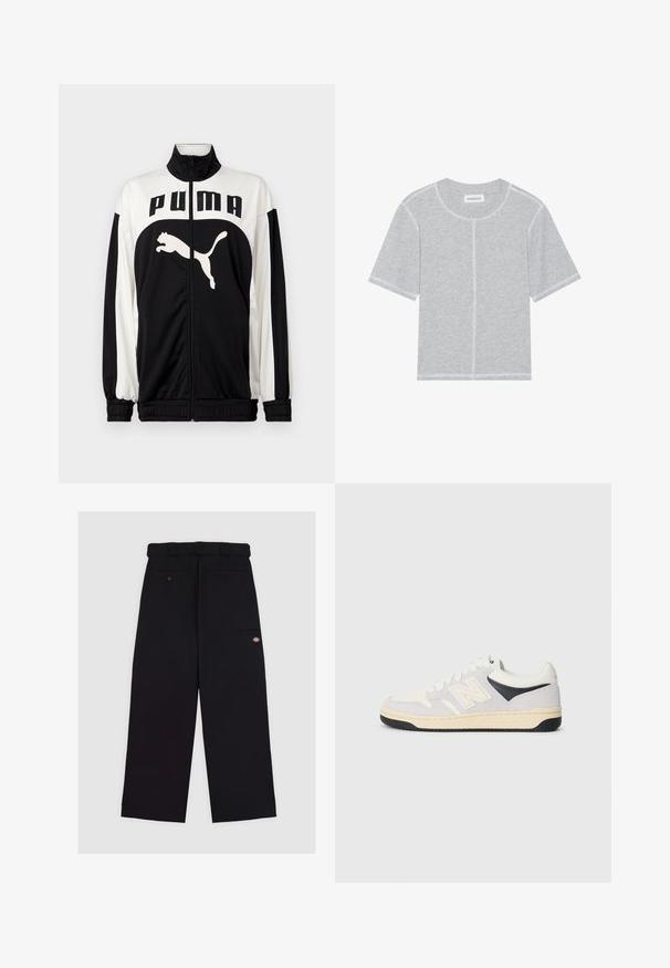 Schwarz-weiße Zip-Jacke mit hohem Kragen, ausgestattet mit dem "PUMA"-Logo und einer springenden Katzen-Grafik auf der Vorderseite. Hergestellt aus glattem, leichtem Material.; Grau Baumwoll-T-Shirt mit kurzen Ärmeln, rundem Halsausschnitt und kontrastierendem weißen Nähten entlang der Nähte und Säume. Einfaches, unauffälliges Design.; Schwarze Hosen aus einem Stoff mit glatter Textur. Verfügen über ein gerades Bein-Design, einen Bund mit Gürtelschlaufen und mehrere Taschen.; Sportliche Sneakers in Weiß, Grau und Schwarz. Mit Wildleder- und Textilmaterialien, perforierter Zehenpartie und Logo an der Seite. Gummisohle.