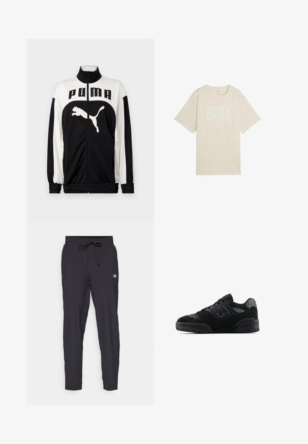 Svart och vit zip-up jacka med hög krage, med "PUMA" logotypen och en hoppande kattgrafik på framsidan. Tillverkad av smidigt, lätt tyg.; Beige bomullströja med avslappnad passform, med en vit grafisk design som säger "PUMA sportklubb" och en liten logotyp ovanför.; Svarta träningsbyxor i lätt material med elastisk midja och justerbart snöre. Har en liten logotyp på sidan.; Svart låg sko med texturerad sula, snörningsdesign, mockadetaljer och mönstrade accenter på häl och sidologotyp.