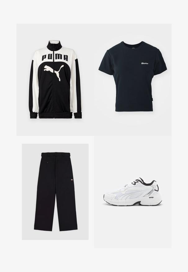 Fekete-fehér zipzáras dzseki magas gallérral, elöl a "PUMA" logóval és egy ugró macska grafikával. Simított, könnyű anyagból készült.; Fekete pamut póló rövid ujjakkal, kerek nyakkivágással és kis fehér hímzett logóval a mellkason. Klasszikus, testhezálló kialakítás.; Fekete nadrág sima textúrájú anyagból. Egyenes lábú kialakítással, övhurkos derékkal és több zsebbal rendelkezik.; Fehér sportcipő, hálós felsőrésszel, fekete részletekkel, textúrált panelokkal és párnázott talppal a kényelem és támogatás érdekében.