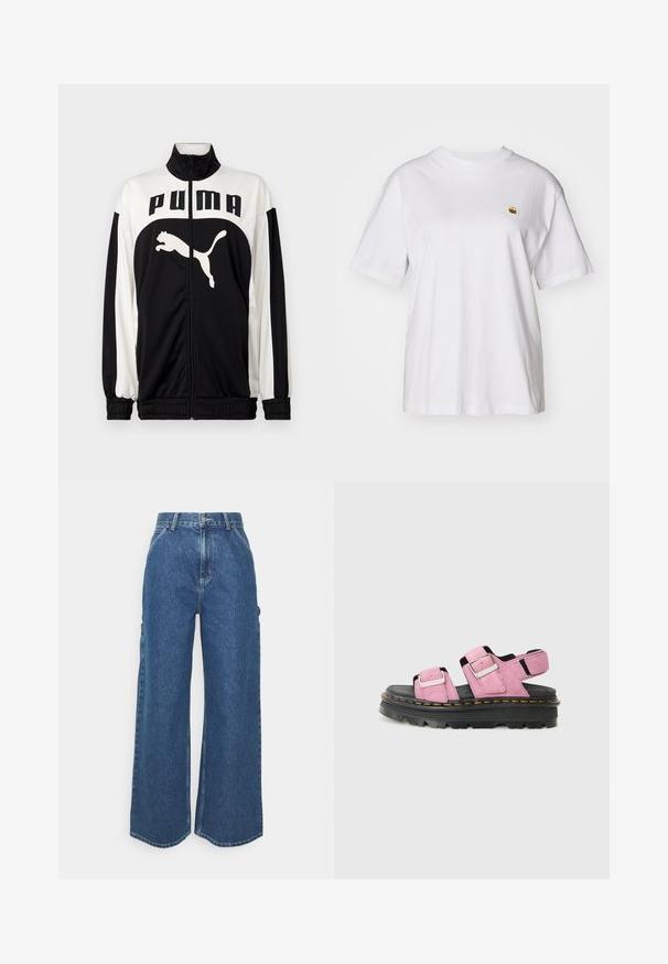 Schwarz-weiße Zip-Jacke mit hohem Kragen, ausgestattet mit dem "PUMA"-Logo und einer springenden Katzen-Grafik auf der Vorderseite. Hergestellt aus glattem, leichtem Material.; Weißes Baumwoll-T-Shirt mit lockerem Schnitt, kurzen Ärmeln und einem kleinen gestickten Logo auf der linken Brustseite.; Weite blaue Denim-Hosen mit hoher Taille, kontrastierenden Nähten und Seitentaschen, ausgestattet mit einem klassischen Five-Pocket-Design und rohen Säumen.; Dr. Martens ZEBZAG - Plateausandalette - purple