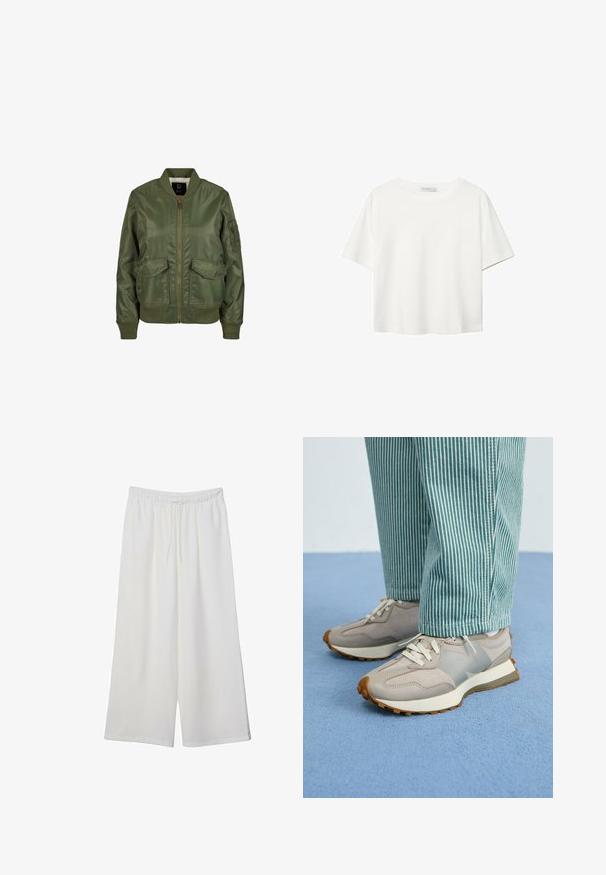 Olivově zelená bomber bunda vyrobená z lesklého materiálu, se žebrovanými manžetami, dvěma předními kapsami a zipovým zapínáním. Viditelná podšívka.; Bílý krátký rukáv tričko vyrobené z bavlny. Má kulatý výstřih a volný střih. Hladký materiál bez viditelných vzorů nebo akcentů.; Bílé kalhoty s širokými nohavicemi vyrobené z lehké tkaniny, s elastickým pasem a stahovací šňůrkou pro nastavitelnou velikost. Hladká textura.; Šedé tenisky se semišovými a síťovanými panely, bílé tkaničky a texturovaná podešev. Kombinované s kalhotami s modrozelenými pruhy. Modrý texturovaný pozadí.