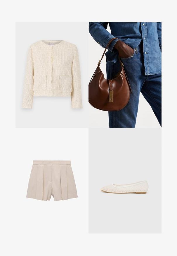 Texturovaná krémová bunda s kulatým výstřihem, dvěma předními kapsami a třepenými okraji. Přizpůsobený, zkrácený střih s dlouhými rukávy.; Bílý top s odhalenými rameny a řasením, krátké ohrnuté rukávy, v kombinaci s béžovými vysokými kalhotami s puky.; Béžové skládací šortky s rafinovaným střihem, vysokým pasem a hladkou texturou. Čtyři přední sklady vytvářejí objem. Bez kapes.; Bílé ploché boty s síťovaným designem, se špičatou špičkou a nízkou plochou podrážkou. Texturovaný svršek s hladkým podšívkou a jemným kontrastním lemem.; Hnědá kožená hobo taška zaobleného tvaru, se zlatým kováním a kontrastním prošíváním. V kombinaci s džínovou košilí a džíny.