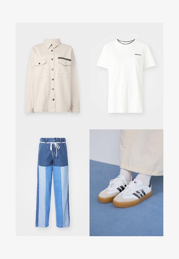 Lys beige skjorte med knapper i bomullsstoff, med to frontlommer, en kontrastsort kant på den ene lommen og krage.; Hvit bomull t-skjorte med korte ermer og rund hals. Har en svart Adidas-logo på brystet og en kontrasterende svart indre krage.; Blå denimbukser med et lapperedesign i forskjellige nyanser av blått, snor i livet og løse, rette ben.; Hvite sneakers med svarte striper og beige semsket skinn-detaljer. Har en teksturert gummisåle og flate hvite snører, brukt med lyse sokker.