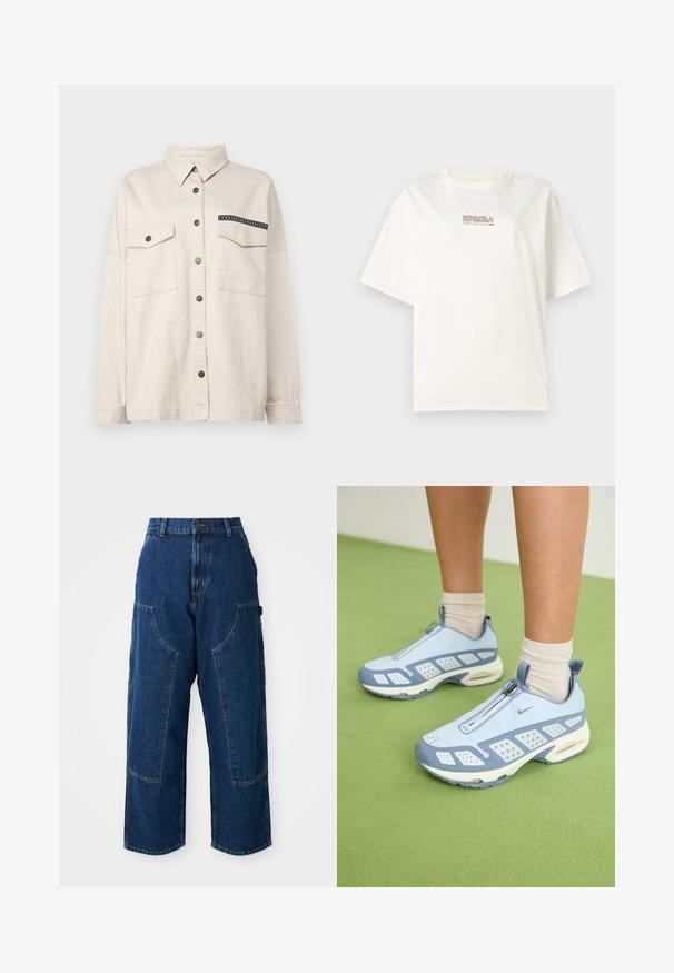 Hele beež puhvärvitud särk, mis on valmistatud puuvillast, kahe esipocketiga, ühel taskul kontrastne must ääre ja kraega.; Valge lühikeste varrukatega crew neck t-särk, mille eesosas on väike punane ja pruuni logotekst. Valmistatud puuvillast.; Tumedast denimist laiad püksid kõrge vöökohaga, suure esikottide ja kontrastõmblustega. Kangas on kergelt tekstureeritud.; Heledad sinised spordijalatsid valgete detailidega, tekstuuriga paneelid ja tõmblukk. Omab nähtavat õhuklotsiga tallat ja kummist välispinda.