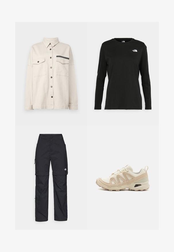 Light beige button-up shirt in cotton fabric, featuring two front pockets, a contrasting black trim on one pocket, and a collar.; Black long-sleeve t-shirt made of cotton with a round neck. Features a small white logo on the left chest area. Simple design and fit.; Black nylon zip-off cargo trousers with adjustable cuffs, multiple pockets, and a logo on the right leg. Smooth, lightweight texture.; Beige and cream athletic shoe with textured mesh upper, supportive overlays, and rubber outsole featuring a tread pattern for traction.