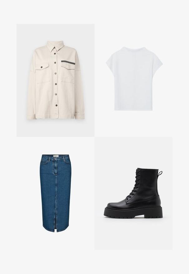 Cămașă bej deschis, cu nasturi, din material din bumbac, având două buzunare frontale, un tiv contrastant negru pe un buzunar și guler.; Top alb cu maneci scurte, cu un croi lejer, dintr-un material ușor și cu decolteu rotund. Vederea din spate arată un design simplu și neted.; Fustă tip creion din denim de culoare albastru închis, cu o fanta frontală, cinci buzunare și cusături contrastante. Talie medie cu un design clasic.; Botine din piele neagră, până la gleznă, cu vârful rotund, șireturi în față și o talpă groasă din cauciuc cu un model texturat. Fâșie de tragere la spate.