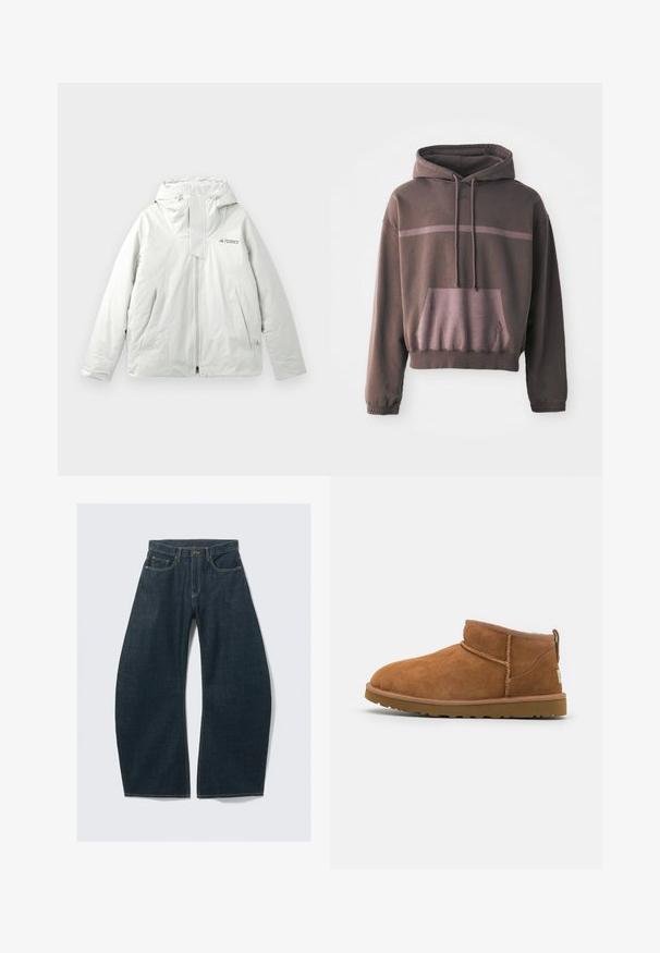 Vaalea harmaa huppupusero ulkoiluun, jossa on etuvetoketju, kaksi kulmikkaasti sijoitettua etutaskua ja "TERREX"-logo rinnassa.; Lyhythihainen, ylisuuria huppari tummanruskeana, jossa on vaaleanruskea gradienttiraita, etutasku ja nauhakuulokkeet. Pehmeä puuvillasekoitekangas.; Tummansiniset leveälahkeiset farkut denimiä, joissa viisi taskua, näkyvät saumat, nappikiinnitys ja siisti viimeistely.; Vaaleanruskeat mokkasaappaat nilkkapituiset, joissa on pyöristetty kärki, hienovaraiset ommeltydet ja teksturoitu kumipohja. Lyhyt malli ilman nauhoja.