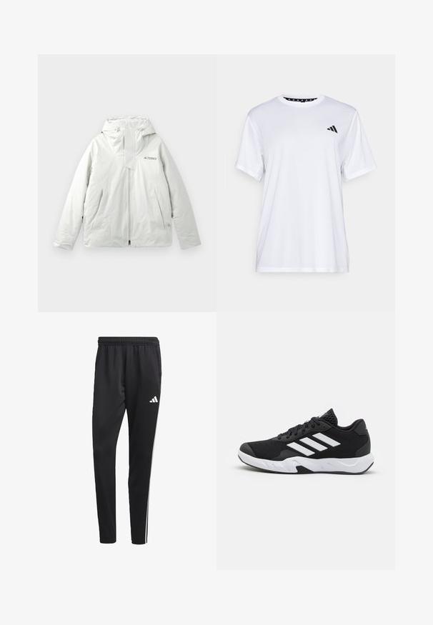 Light gray hooded outdoor jacket with front zipper, two angled front pockets, and "TERREX" logo on the chest.; White athletic t-shirt with short sleeves, made from moisture-wicking fabric. Features a black logo on the left chest and a patterned interior neckline.; Black athletic pants with a stretchy waistband, white side stripes, and a small white logo on the thigh. Made from a smooth, lightweight material.; Black athletic shoes with a textured mesh upper, white accent stripes, a cushioned sole, and a reinforced heel for support.