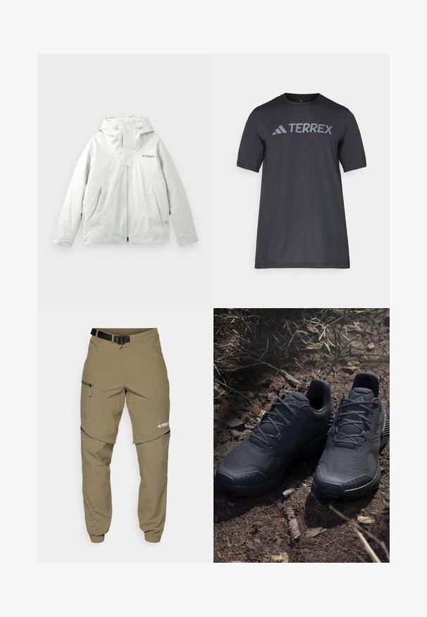 Šviesiai pilka lauko striukė su gobtuvu, priekyje užtrauktuku, dviem kampinėmis priekinėmis kišenėmis ir "TERREX" logotipu ant krūtinės.; Juodas trumpų rankovių marškinėliai iš lengvo audinio, su šviesiai pilku „TERREX“ logotipu krūtinėje ir apvaliu iškirpimu.; Kaki lauko kelnės su reguliuojamu juodu diržu, užtrauktukais užsegamomis kišenėmis, siaurėjančiais klešniais ir nuimamomis apatinėmis dalimis, skirtomis įvairiems stiliams.; Juodi sportiniai batai su tekstūriniu megztu paviršiumi, sustiprinta nosimi ir paminkštintu padu, išdėstyti ant žemės, kurioje išsibarsčiusios šakelės.