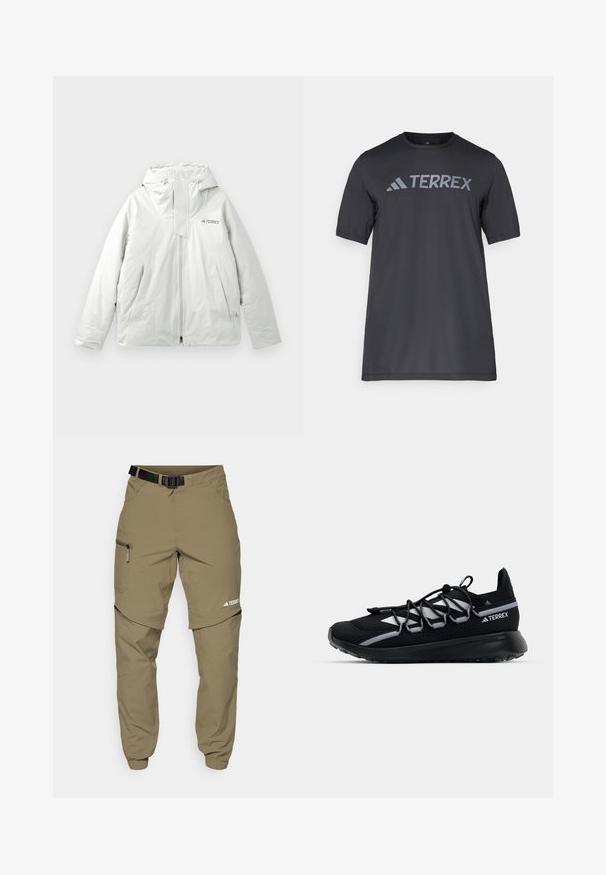 Svetle šedá venkovní bunda s kapucí, předním zipem, dvěma šikmými předními kapsami a logem "TERREX" na hrudi.; Černé tričko s krátkým rukávem vyrobené z lehkého materiálu, s světle šedým logem "TERREX" přes hruď a kulatým výstřihem.; Khaki outdoorové kalhoty s nastavitelním černým páskem, zipovými kapsami, zúženými nohavicemi a odnímatelnými spodními nohavicemi pro univerzální styl.; Černá sportovní bota s síťovinovým svrškem, reflexními akcenty, elastickými tkaničkami a texturovanou gumovou podrážkou. Disponuje elegantním designem pro výkonnost.