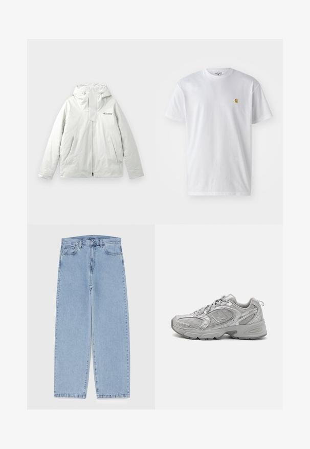 Light gray hooded outdoor jacket with front zipper, two angled front pockets, and "TERREX" logo on the chest.; White cotton t-shirt with short sleeves, crew neck, featuring a small gold logo on the left chest area. Soft texture and regular fit.; Light blue denim jeans with straight leg design, featuring a mid-rise waist, five pockets, and a button and zipper closure.; Silver athletic shoe with a sleek design, mesh panels, padded tongue, textured synthetic upper, and rubber outsole for traction.