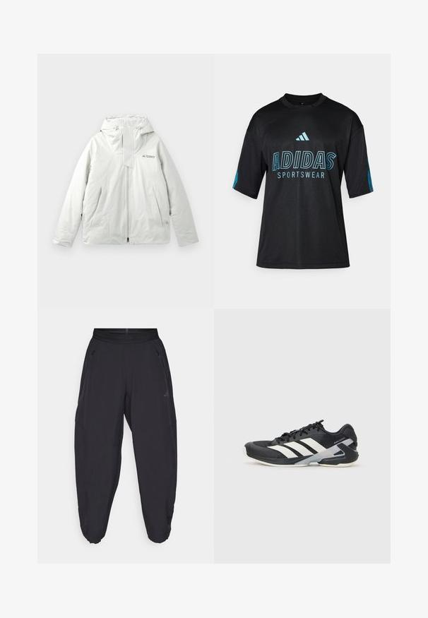 Šviesiai pilka lauko striukė su gobtuvu, priekyje užtrauktuku, dviem kampinėmis priekinėmis kišenėmis ir "TERREX" logotipu ant krūtinės.; Juoda Adidas sportinė marškinėliai su tinkline tekstūra, trumpomis rankovėmis, apvaliu apykakle ir mėlynu logotipu bei tekstu detalėse priekyje ir rankovėse.; Juoda sportinė kelnė su elastine juosmens juosta, užtrauktuko šoninėmis kišenėmis, siaurėjančiomis kojomis ir subtilia logotipu dešiniajame šlaunyje.; Juoda sportinė avalynė su baltais dryžiais, tinklinis viršus, apvalus pirštas ir paminkštinta padais. Yra tekstūruota kulno dalis ir saugi raištelių sistema.