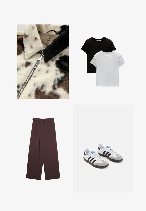 Faux fur takki, jossa on kerma- ja ruskeat lehmänkuviot, hopeinen vetoketju ja musta kaulus, korostaen pehmeää tekstuuria ja vaihtelevaan kuviointia.; Kaksi crew-neck t-paitaa mustana ja valkoisena, valmistettu puuvillasta. Ne sisältävät lyhyet hihat ja yksivärisen muotoilun ilman kuvioita tai korostuksia.; Stradivarius WIDE-LEG WITH BUCKLE DETAIL - Housut - dark brown; Urheilukengät, joissa on valkoinen nahkainen päällinen, harmaa mokkanokka ja kolme mustaa raitaa. Ominaisuuksina sininen logo kielekkeessä ja kuvioitu kumipohja.