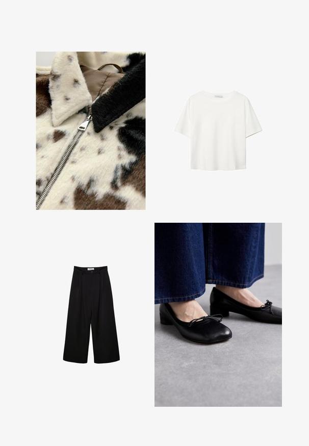 Faux fur jacket featuring a cream and brown cow print, with a silver zipper and black collar, highlighting soft texture and varying patterns.; White short-sleeve t-shirt made of cotton. Features a crew neckline and a relaxed fit. Smooth texture with no visible patterns or accents.; Black wide-leg trousers with a high waist, pleated front, and button closure. Made from smooth fabric with a tailored design.; Black leather shoes with a square toe and small heel, featuring a decorative bow on the front. Worn with dark denim trousers.