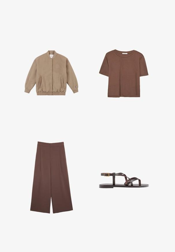 Hellbraune Bomberjacke aus weichem Fleece-Material mit geripptem Saum, zwei Seitentaschen und einem Logopatch am linken Ärmel.; Braunes, kurzärmliges T-Shirt aus weichem Material mit rundem Halsausschnitt und lockerer Passform. Keine sichtbaren Muster oder Akzente.; Braune Weite-Leg-Hosen mit einer glatten Textur, hoher Taille und Vorderfalten. Der Stoff ist leicht und fällt locker.; Braune Leder-Sandale mit überkreuzten Riemen, einem Knöchelriemen mit Schnalle und einer flachen Sohle mit minimalen Nähdetails.