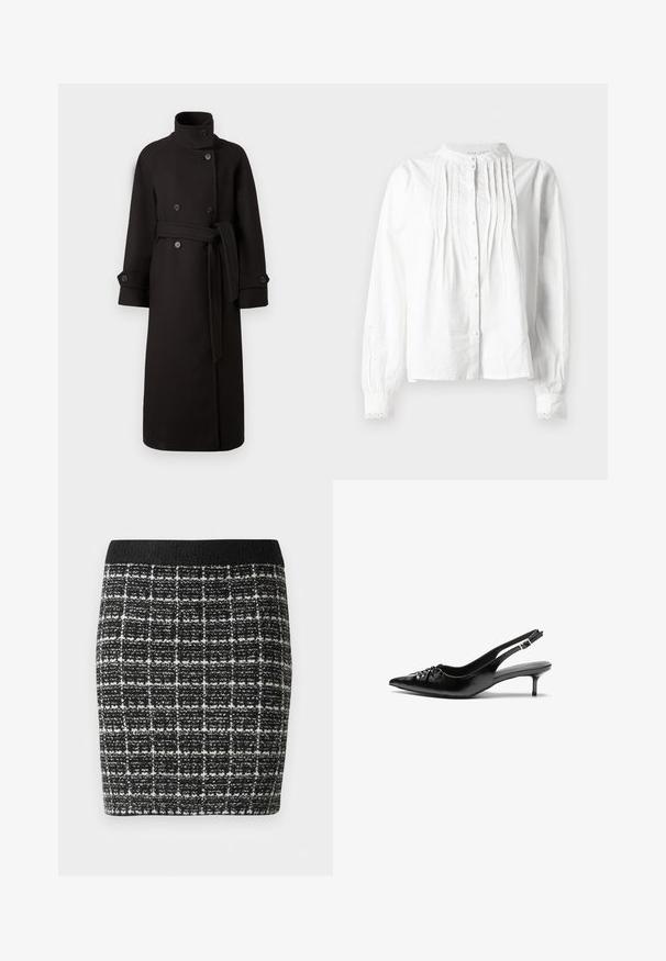 Cappotto lungo in lana nera con colletto alto, design doppiopetto e cintura in tessuto. Presenta grandi bottoni neri e maniche ampie.; Blusa bianca a maniche lunghe con colletto a stand, pieghe verticali sul davanti, chiusura con bottoni e polsini rifiniti in pizzo.; Gonna a scacchi bianca e nera con un tessuto testurizzato, caratterizzata da una vita nera e una silhouette aderente.; Tacchi slingback in pelle nera con punta affusolata, piccolo tacco kitten e un dettaglio a nodo decorativo sulla parte anteriore. Texture liscia su tutta la superficie.