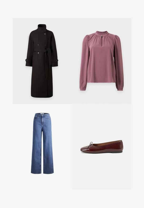 Juodas vilnonis paltas su aukštu apykakle, dviguba mygtukų sistema ir audinio diržu. Yra dideli juodi mygtukai ir plačios rankovės.; Ilga rankovė mauve spalvos bluzonė su surinkta apykakle, raktų skylutės iškirpte su mygtuko uždarymu ir šiek tiek pūstomis petnešomis.; Šviesiai mėlynos džinsinės kelnės plačiu sijonu ir aukštu liemeniu, su dviem priekinių kišenių ir matomu siuvimu. Su mygtuko ir užtrauktuko uždarymu.; Bordo lakiotos odos baleto bateliai su apvalia nosimi, maža kaspinėlio akcentu priekyje ir žema juoda guma padanga. Lygi tekstūra.