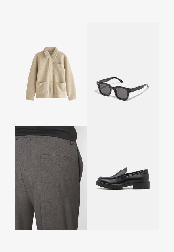 Vaaleanbeige villasekoitek Takki, jossa on terävä kaulus, viisi nappia edessä, kaksi etutaskua ja rintatasku. Pehmeä tekstuuri ja rento istuvuus.; Harmaa neulepusero korkealla kauluksella ja pitkillä hihoilla. Valmistettu sileästä, pehmeästä materiaalista, jossa on istuva muotoilu ja ribbauspinnat helmassa.; Harmaat räätälöidyt housut, joissa on sileä pinta, yhden takataskun ja slim fit -muotoilu. Kankaassa on hienovarainen kuvio.; Mustat nahkakengät, joissa on pyöreä varvas, kenkien helposti liukuvat mallit ja paksu kumipohja, jossa on teksturoitu pito. Korotettu kanta ja hillityt ompeluyksityiskohdat.; Mustat suorakulmaiset aurinkolasit tummilla linsseillä, joissa on paksu kehys, hienovaraiset yksityiskohdat sivuilla, eikä näkyviä logoja brändin nimen lisäksi.; Musta laukku, joka on valmistettu tekstuurista kankaasta ja jossa on tukevat mustat nahkahihnat. Omistaa sylinterimäisen muodon ja ylhäältä avattavan vetoketjun.