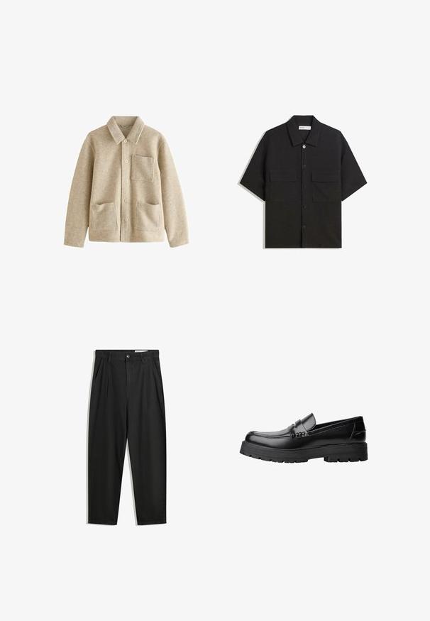 Beige Wolle-Mix-Jacke mit spitzem Kragen, fünfknöpfiger Vorderseite, zwei Fronttaschen und einer Brusttasche. Weiche Textur und lockere Passform.; Schwarzes kurzärmliges Shirt aus Stoff mit glatter Textur, verfügt über zwei Vorderaschen, einen klassischen Kragen und einen Knopfverschluss.; Schwarze Baumwollhose mit lockerem Schnitt, ausgestattet mit einem klassischen Bund, vorderen Falten und Seiten taschen. Glatte Textur ohne Muster.; Schwarzer Lederloafer mit grobem, rutschfestem Sohlenprofil und dekorativem Riemen über der Oberseite, seitlich links auf weißem Hintergrund abgebildet.