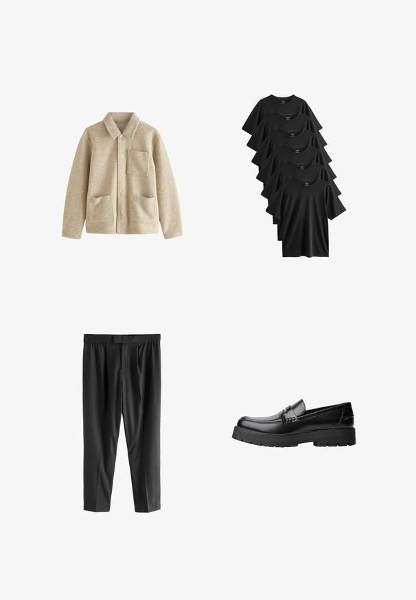 Beige Wolle-Mix-Jacke mit spitzem Kragen, fünfknöpfiger Vorderseite, zwei Fronttaschen und einer Brusttasche. Weiche Textur und lockere Passform.; Set von sechs schwarzen Kurzarm-T-Shirts aus Baumwolle, mit Rundhalsausschnitt und geradem Saum, sowie einer glatten Textur.; Next REGULAR FIT -CHECK SMART - Chino - black; Schwarzer Lederloafer mit grobem, rutschfestem Sohlenprofil und dekorativem Riemen über der Oberseite, seitlich links auf weißem Hintergrund abgebildet.