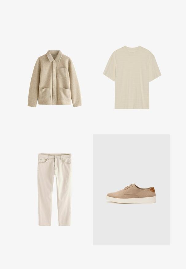 Chaqueta de mezcla de lana beige con cuello puntiagudo, cierre frontal de cinco botones, dos bolsillos frontales y un bolsillo en el pecho. Textura suave y corte relajado.; Camiseta de manga corta color crema con una sutil textura a rayas y cuello redondo, confeccionada en una tela ligera.; Jeans de corte slim en beige claro con pierna recta, cinco bolsillos, cierre de botón y cremallera, y costuras reforzadas a lo largo de las costuras.; Zapatillas de ante beige con puntera redondeada, cordones en la parte delantera y un acento texturizado en la parte trasera. La suela de goma blanca proporciona contraste. Diseño sencillo y moderno.