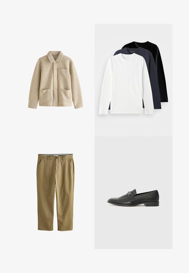 Veste en mélange de laine beige avec un col pointu, un devant à cinq boutons, deux poches avant et une poche poitrine. Texture douce et coupe décontractée.; Trois t-shirts à manches longues empilés : un blanc, un bleu marine foncé et un noir. Fabriqués en coton lisse, présentant des encolures rondes et des fentes sur les côtés.; Chinos kaki en mélange de coton, dotés de deux poches latérales, d'une fermeture à bouton, de jambes droites et d'une texture lisse.; Mocassin en cuir noir avec une finition lisse, présentant un design cousu et une accent décoratif en chaîne métallique sur le rand. Talon plat.