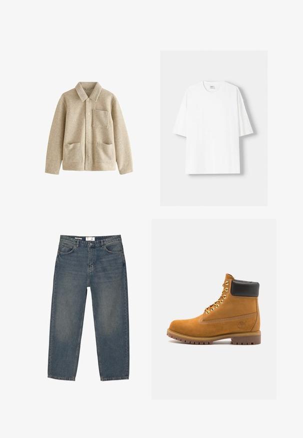 Jachetă din amestec de lână bej, cu guler ascuțit, față cu cinci butoane, două buzunare frontale și un buzunar pe piept. Textură moale și croială lejeră.; Tricou alb cu mânecă scurtă, confecționat din bumbac, cu un decolteu rotund și o croială lejeră. Textură netedă, fără modele sau accente vizibile.; Jeans din denim albastru, cu o croială lejeră, având un design clasic cu cinci buzunare și o decolorare minimă. Include o închidere cu nasture și prinderi pentru curea.; Cizmă de gleznă din întoarsă de culoare bej, cu guler negru căptușit, ochiuri din metal auriu, detalii de cusătură albă și talpă din cauciuc robustă, cu un model pronunțat.