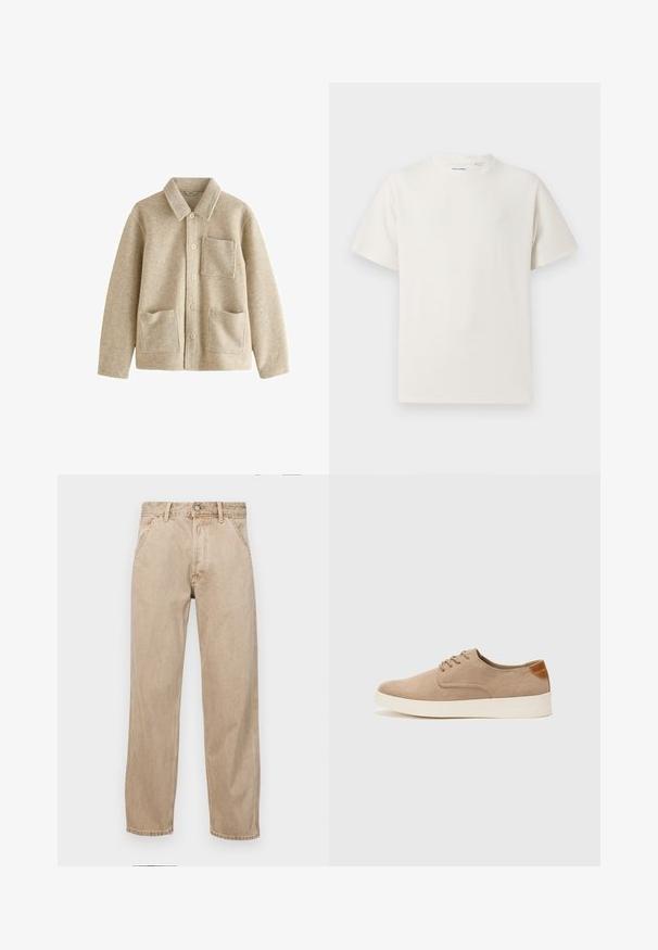 Bežinės vilnos mišinys švarkas su smailiu apykakle, penkiais mygtukais priekyje, dviem priekinėmis kišenėmis ir viena krūtine kišene. Minkšta tekstūra ir laisvas kirpimas.; Balta trumpa rankovė T-polo marškinėlių su juostelėmis tekstūra. Apvalus iškirpimas, laisvas fasonas, jokių matomų raštų ar akcentų. Paprastas ir universalus dizainas.; Smėlio spalvos džinsai su tiesia kojų siluetu, turintys priekinę kišenę, metalinį mygtuką ir subtilią tekstūrą.; Bežiniai zomšiniai sportbačiai su apvaliomis pirštų dalimis, raišteliais priekyje ir tekstūruotu užkulniu. Balta guma suteikia kontrastą. Paprastas ir modernus dizainas.