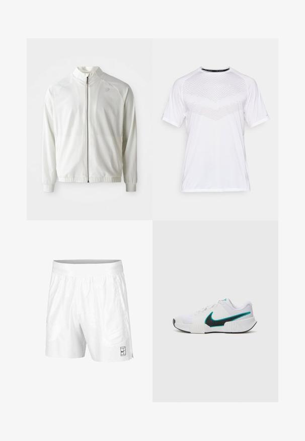 Balta sportinė striukė su užtrauktuku priekyje, aukštu apykaklė, elastingomis rankogaliais ir apačia; viršutinėje kairėje krūtinės pusėje yra subtilus logotipas.; Balta trumpa rankovėmis sportinė marškinėliai su tekstūriniu geometriniu raštu priekyje, pagaminti iš lengvos medžiagos, su apvaliu iškirpimu ir laisvu siluetu.; Balti sportiniai šortai, pagaminti iš lengvos medžiagos, su elastinga juosta, su dviem šoninėmis kišenėmis ir mažu juodu logotipu ant apatinio krašto.; Balti sportiniai batai su tekstūruotu tinkliniu paviršiumi, juodu guminėmis padais ir mėlyna Nike ženklu. Yra raiščiai ir paminkštinta apykaklė.