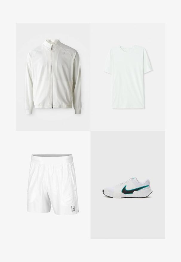 Biela športová bunda so zipsom vpredu, vysokým golierom, elastickými manžetami a lemom; na hornom ľavom hrudníku má nenápadné logo.; Svetlo mentolová kráťacia tričko s krátkym rukávom vyrobené z jemnej látky. Má okrúhly výstrih a jednoduchý, rovný strih bez ozdôb.; Biele športové šortky z ľahkej tkaniny s elastickým pásom, obsahujúce dve bočné vrecká a malé čierne logo na leme.; Biele športové tenisky s textúrovaným sieťovaným zvrškom, čiernou gumovou podrážkou a akcentom teal loga Nike. Obsahujú šnúrky a vypolstrovaný golier.