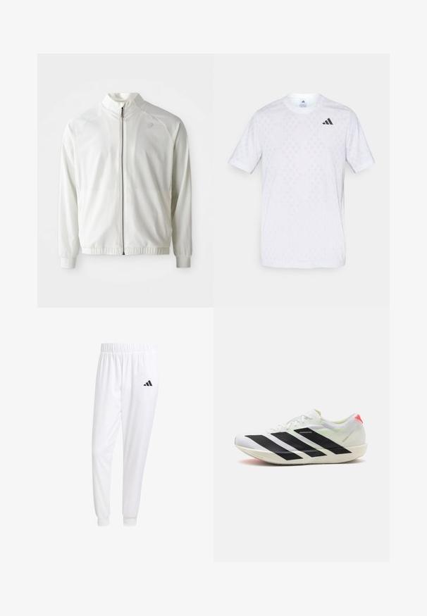Balta sportinė striukė su užtrauktuku priekyje, aukštu apykaklė, elastingomis rankogaliais ir apačia; viršutinėje kairėje krūtinės pusėje yra subtilus logotipas.; Balti trumpa rankovė t-shirto viršutinė dalis su subtiliu deimantų raštu, pagaminta iš lengvo audinio, su juodu adidas logotipu ant krūtinės.; Balti sportiniai keliaraiščiai, pagaminti iš lygios medžiagos, su elastinga liemene ir priglundančiais rankogaliais, ant galinio kišenės yra juodas logotipas.; Balti sportiniai batai su juodais įstrižais raižiniais, lengvas tinklinis audinys, žali akcentai ir raudona kulno juosta; pasižymi elegantišku, pailgu dizainu.