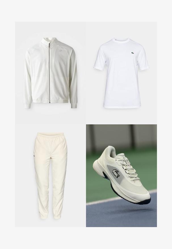 Bela športna jakna z zadrgo spredaj, visokim ovratnikom, elastičnimi manšetam in robom; ima subtilen logo na zgornjem levem prsnem delu.; Bela bombažna majica s kratkimi rokavi in okroglo ovratnikom, z majhnim zelenim logojem krokodilčka na levem prsnem delu. Gladka tekstura, običajen kroj.; Kremne barve športne hlače z elastičnim pasom, zoženimi hlačnicami in majhnim temno zelenim logotipom na levi strani. Gladek, lahek material.; Bela atletska superga z mrežastim zgornjim delom, črnimi akcenti, teksturiranim podplatom in izpostavljenim logotipom na strani, prikazana v ozadju igrišča.