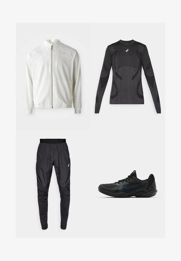 Chaqueta deportiva blanca con cierre frontal, cuello alto, puños elásticos y dobladillo; presenta un logotipo sutil en la parte superior izquierda del pecho.; Camiseta deportiva de manga larga en gris oscuro, con acentos de diseño texturizado en un gris más claro. Cuello redondo con logotipo en el pecho.; Pantalones deportivos negros con una cinturilla elástica, bolsillos laterales y paneles de textura contrastante en las piernas. Logo de Asics en la cadera.; ASICS SOLUTION SPEED FF 3 CLAY - Zapatillas de tenis para tierra batida - black/prism blue