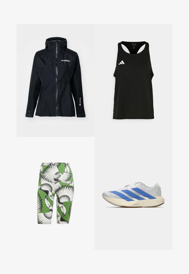 adidas Terrex XPR GOR PAC JACKET - Regnjakke / vandafvisende jakker - black; Sort atletisk tanktop med rund halsudskæring og åben rygdesign. Har et hvidt Adidas-logo på venstre brystområde. Blødt, let stof.; Grønne cykelshorts med et sort-hvidt tukan print. Materialet har en glat tekstur med en tætsiddende pasform og længde til midten af låret.; Hvid atletisk sko med blå striber, struktureret overdel, flad sål og "LIGHTSTRIKE PRO" branding på siden. Lavprofil design.