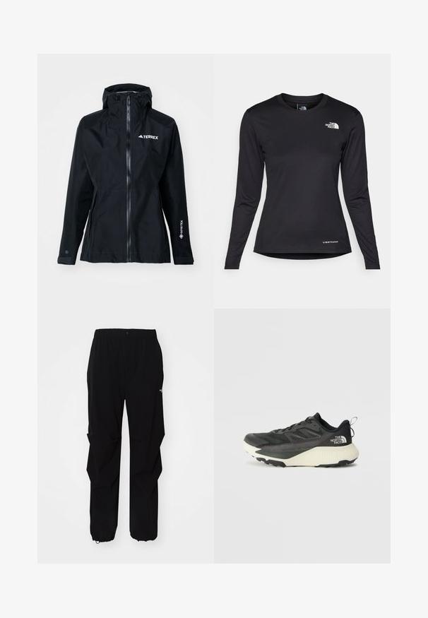 adidas Terrex XPR GOR PAC JACKET - Regenjacke / wasserabweisende Jacke - black; The North Face SHADOW LONG SLEEVE - Langarmshirt - black; Schwarze Outdoor-Hosen aus langlebigem Material, mit lockerer Passform, elastischem Bund und verstellbaren Bündchen für variable Längen.; Schwarzer Sportschuh mit strukturiertem Obermaterial, ausgestattet mit grauen Akzenten und einer weißen Zwischensohle. Enthält eine Zuglasche und ein markantes Markenlogo an der Ferse.