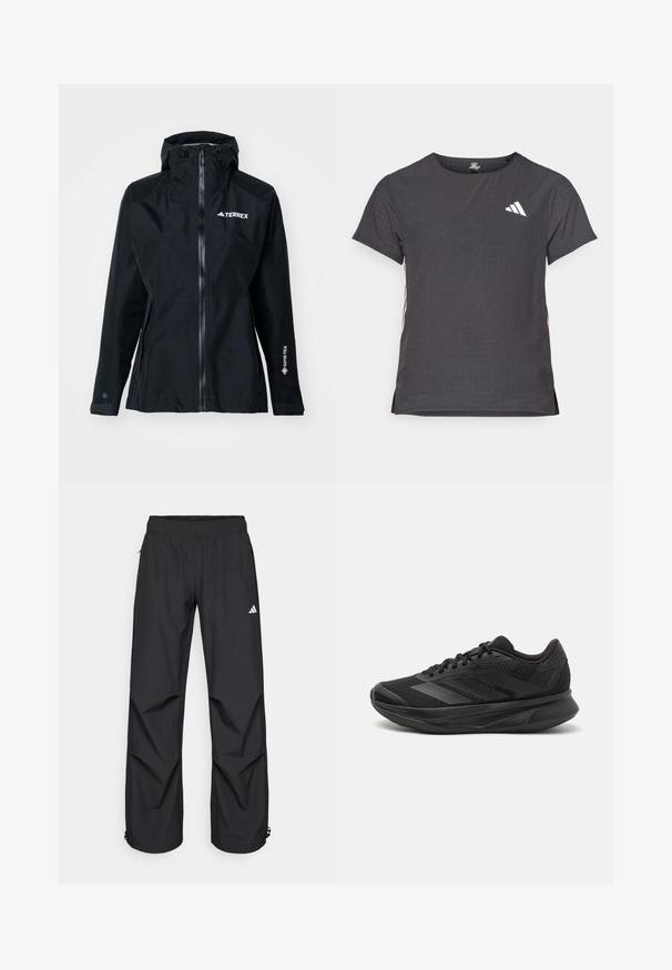 adidas Terrex XPR GOR PAC JACKET - Impermeabile - black; T-shirt atletico a maniche corte, grigio scuro con texture perforata. Presenta un logo bianco e strisce laterali a contrasto. Girocollo.; Pantaloni neri, leggeri, impermeabili, con vita elasticizzata, tasche laterali e polsini regolabili. Presentano un logo bianco sulla coscia sinistra.; Scarpa da corsa nera con tomaia in rete traspirante, punta rotonda, design elegante, dettagli testurizzati e suola ammortizzata per il comfort.