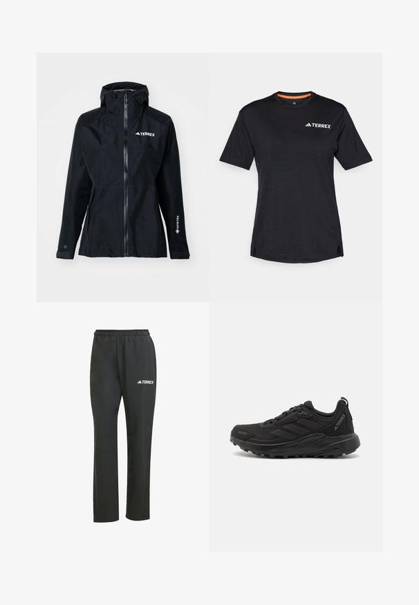 adidas Terrex XPR GOR PAC JACKET - Veekindel jope - black; Must t-särk lühikeste varrukatega, ümmarguse kaelusega, millel on peen heather struktuur ja valge "TERREX" logo vasakul ülanurgas.; Mustad mustad püksid elastse vöökohtiga. Elegantselt diskreetne valge "TERREX" logo. Sile kangas ja sirge jala disain.; Mustad mustreeritud sünteetilisest materjalist pealsega mustad sportlikud jalanõud, paeltega kinnitamine, paks kummist tald ja diskreetne logo aktsent külgedel ja kandadel.