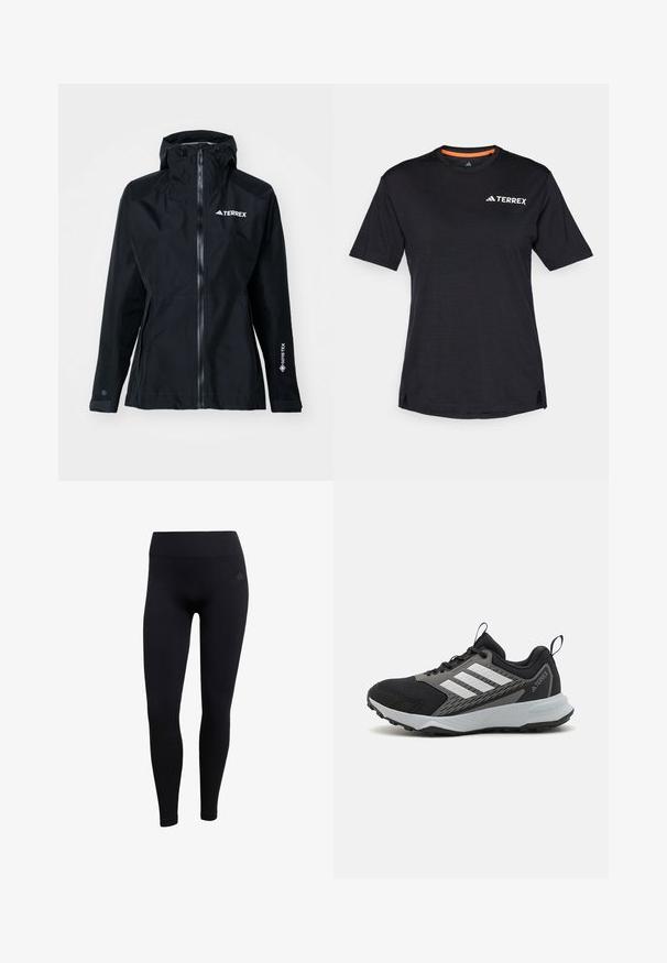 adidas Terrex XPR GOR PAC JACKET - Impermeabile - black; T-shirt nero a maniche corte con scollo rotondo, caratterizzato da una leggera texture mélange e dal logo bianco "TERREX" sul lato superiore sinistro.; Leggings sportivi neri realizzati in tessuto elasticizzato, con vita alta, design aderente e polsini a coste alle caviglie. Logo del marchio discreto.; Scarpa sportiva nera con accenti grigi, dotata di una tomaia in mesh testurizzato, tre strisce bianche e una suola in gomma per una buona aderenza.