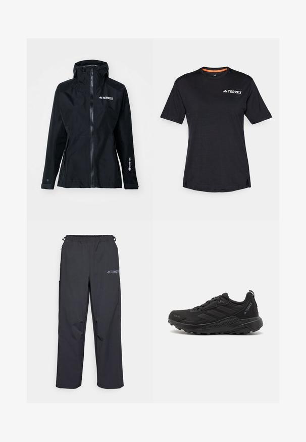 adidas Terrex XPR GOR PAC JACKET - Vízálló dzseki - black; Fekete, rövid ujjú póló kerek nyakkivágással, finom melírozott textúrával, a bal felső sarokban fehér "TERREX" logóval.; Fekete, könnyű kültéri nadrág, rugalmas derékrésszel, oldalzsebekkel és logóval a jobb oldali comb felső részén. Simal, vízlepergető szövet.; Fekete sportcipő, textúrált szintetikus felsőrésszel, fűzőzárral, vastag gumitalppal és diszkrét logókkal az oldalon és a sarkon.