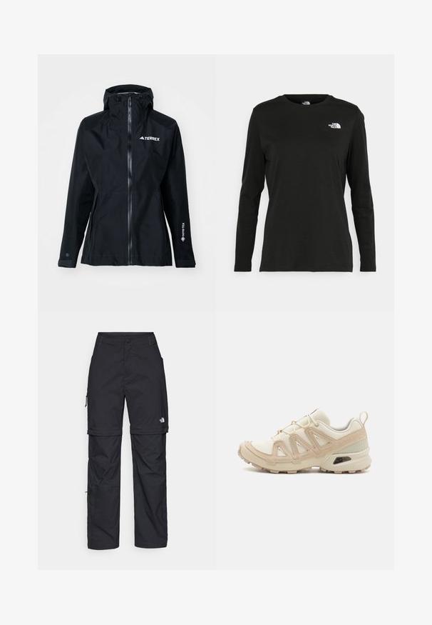 adidas Terrex XPR GOR PAC JACKET - Regnjakke / vandafvisende jakker - black; Sort langærmet t-shirt lavet af bomuld med rund hals. Har et lille hvidt logo på venstre brystområde. Enkel design og pasform.; Sorte nylon cargo bukser med lynlås, justerbare manchetter, flere lommer og et logo på højre ben. Glat, let tekstur.; Beige og creme atletiksko med struktureret mesh-overdel, støttende overlays og gummiyderside med et mønster for trækkraft.